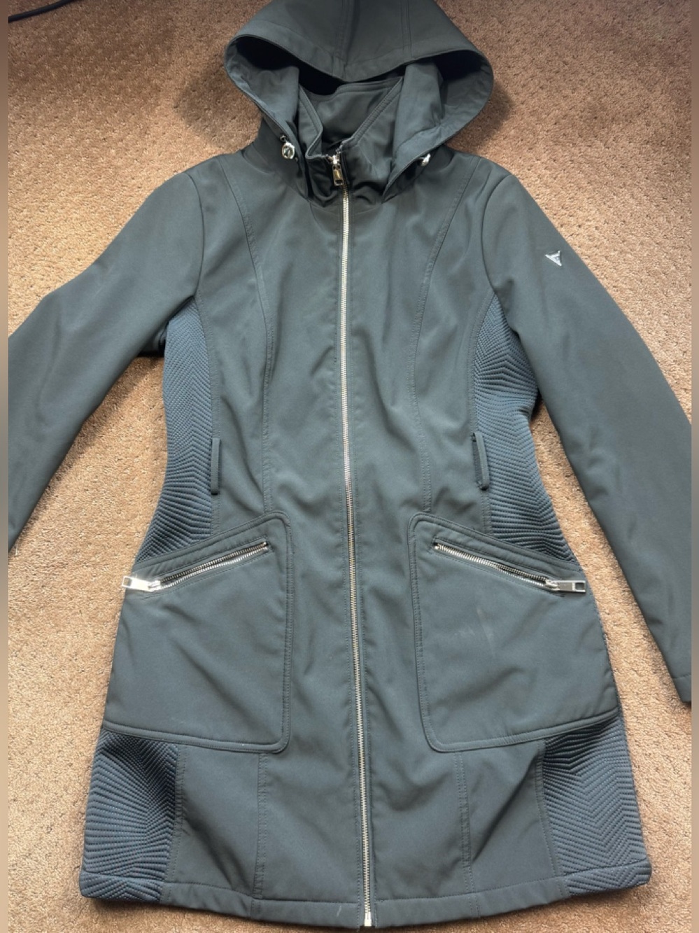 GUESS Women's Hooded Softshell Transitional Long Coat,